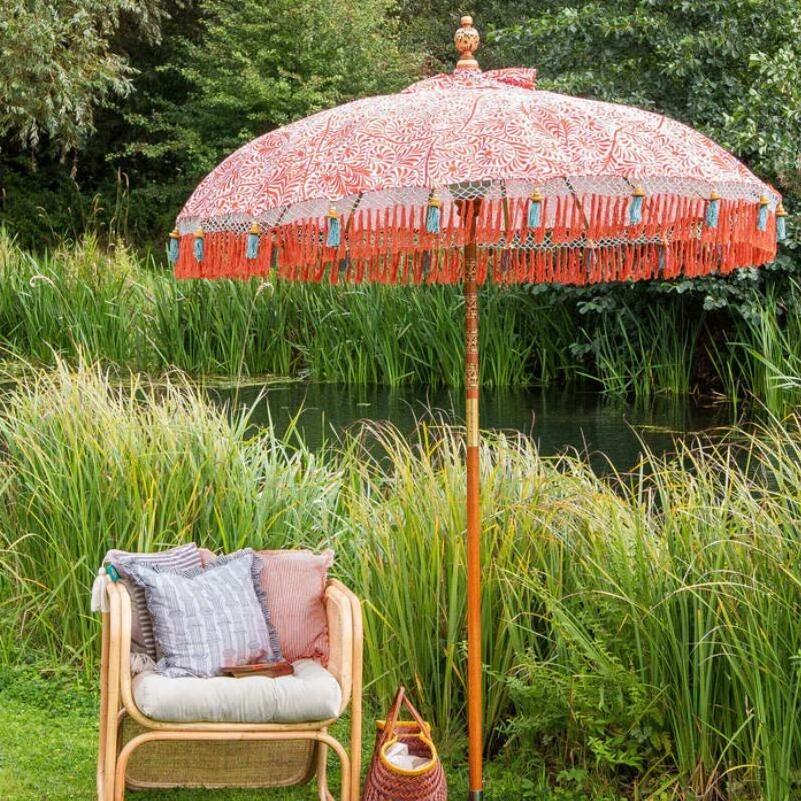 2m Vintage Handcrafted Premium Canvas Bali Patio Table Umbrella with Tassels, Wooden Pool Garden Furniture London Sun Parasols