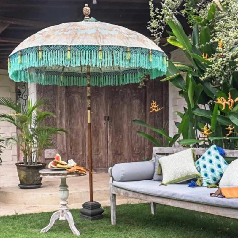 2m Vintage Handcrafted Premium Canvas Bali Patio Table Umbrella with Tassels, Wooden Pool Garden Furniture London Sun Parasols