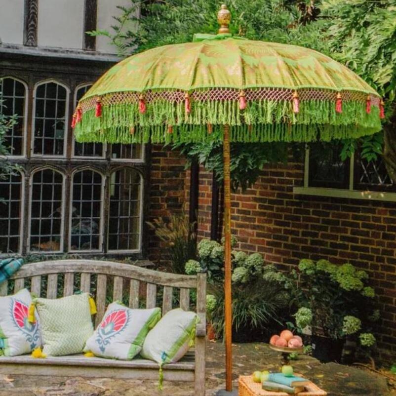 2m Vintage Handcrafted Premium Canvas Bali Patio Table Umbrella with Tassels, Wooden Pool Garden Furniture London Sun Parasols