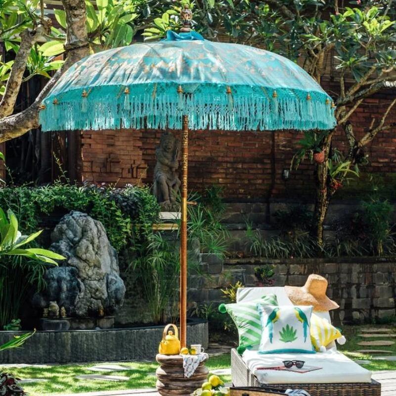 2m Vintage Handcrafted Premium Canvas Bali Patio Table Umbrella with Tassels, Wooden Pool Garden Furniture London Sun Parasols