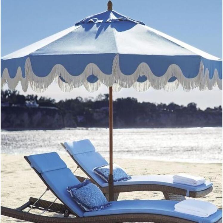 Customize Heavy Duty 7ft 8ft UV50+ Large Fringed Patio Table Umbrella, Outdoor Luxury Market Garden Poolside Commercial Parasols