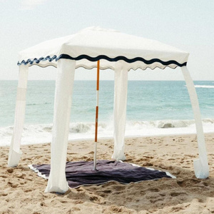 BR Custom Wholesale Outdoor UV50+ Luxury Wood Pole Beach Cabana Tent with Fringe Tassels, 6ft Premium Canvas Sun Shade Umbrella