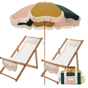 Customize Wholesale Outdoor Portable Wood Pole Canvas Beach Umbrellas with Tassels,  Folding Lounger Chairs, Camping Cooler, Bag