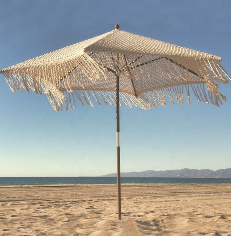 Wholesale Large Beige Crochet Macrame Cotton Beach Patio Umbrella with Fringes, Resort Club Garden Outdoor Pool Parasols 8ft