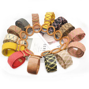 Round Square Buckle PP Wax Rope Braiding Women Skirt Belt Vintage Knitted Waist Belt Woven Elastic Raffia Belt For lady