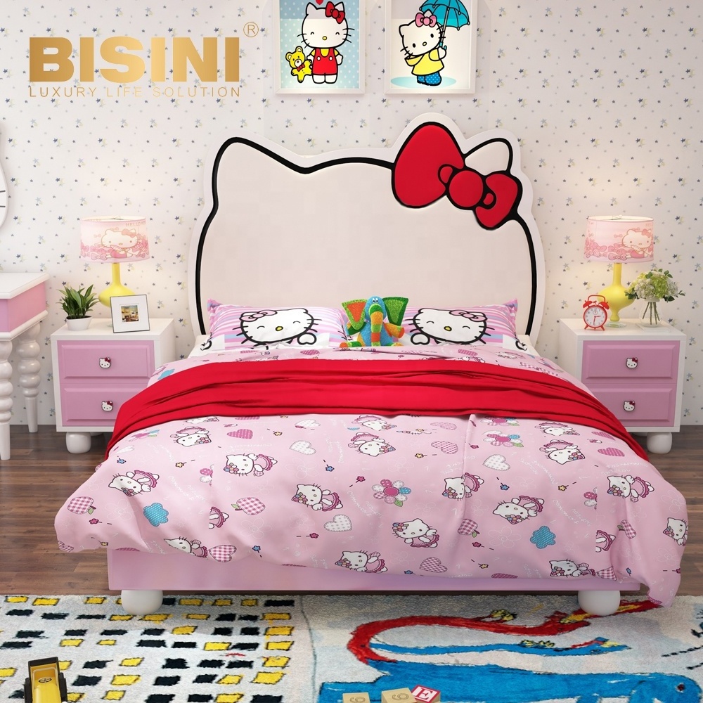 Cute Hello Kitty Kids Bed Cute Pink Girls Bed with Solid Wood Nightstand