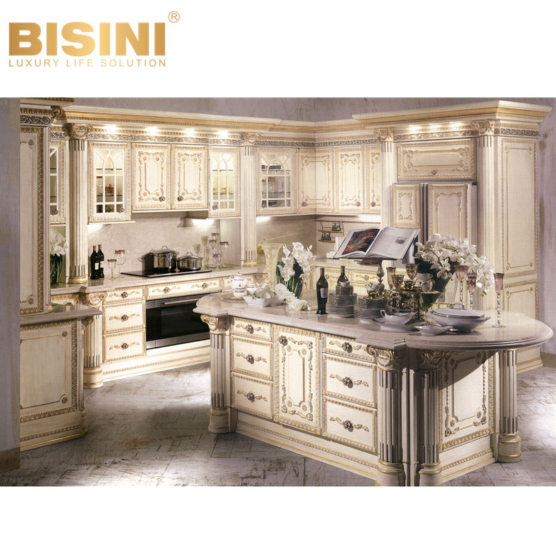 Graceful French Style Solid Wood Carved Modular Cupboard Custom Gold Leaf Kitchen Cabinets with Marble Countertop Islands