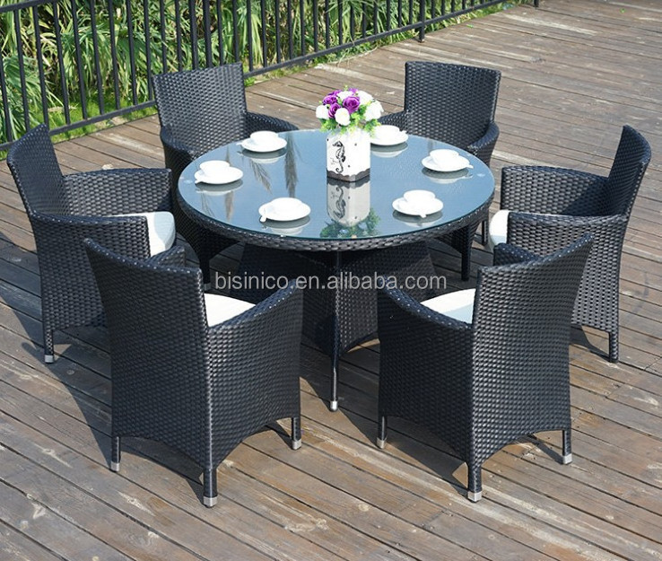 Outdoor Round Rattan Table with 6 Chairs, Round Garden Table