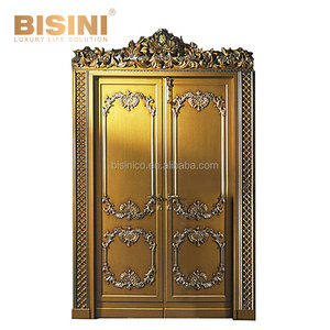 Luxurious Baroque Style Royal Golden Solid Wood Carving Interior Double Swing Door for Villa