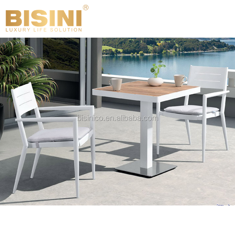 Simple Nordic Style Outdoor Cool Grey Aluminum Round Side Table Wood Top and 2 Chairs Garden Leisure Dining set