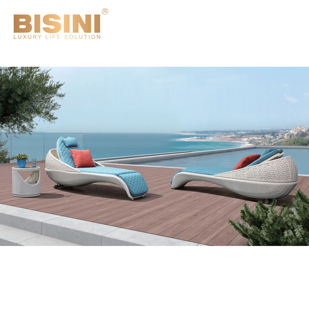 Aegean style Original design Soup Spoon Shape Deck Chair White PE Rattan &  Aluminum Seaside Recliner Chaise Lounge