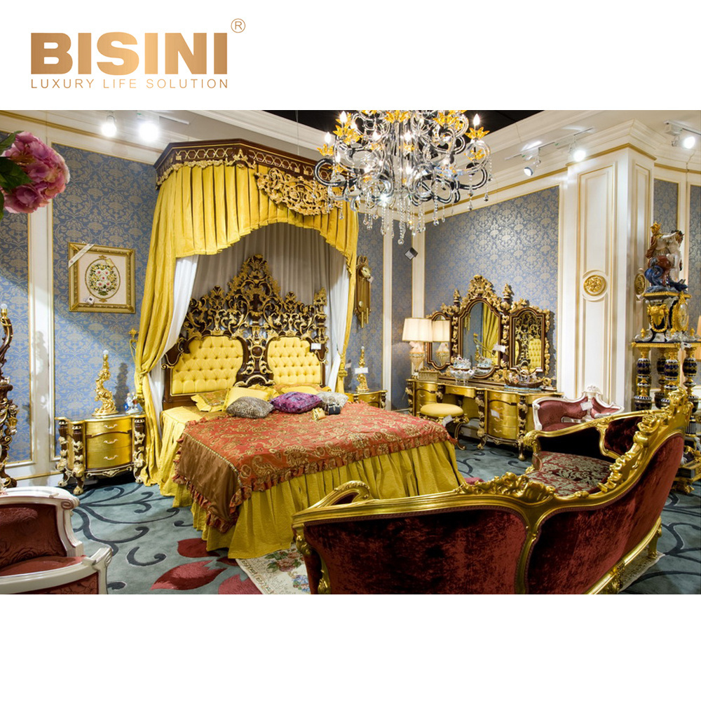 European Classical Luxury 24K Gold Bedroom Set Rococo Palace Royal Golden Solid Wood Hand Carving Canopy Bed King Size (B50923)