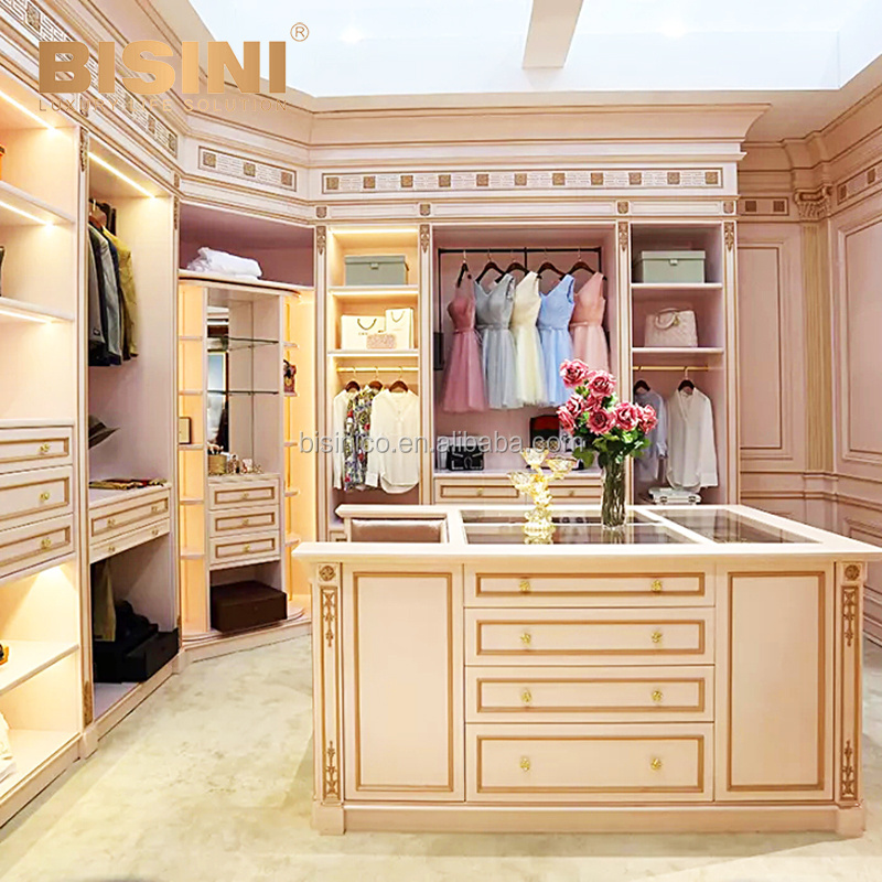 Luxury Elegant European Style Antique Pink and Gold Custom Made Walk in Wardrobe Closet for Girl's Room