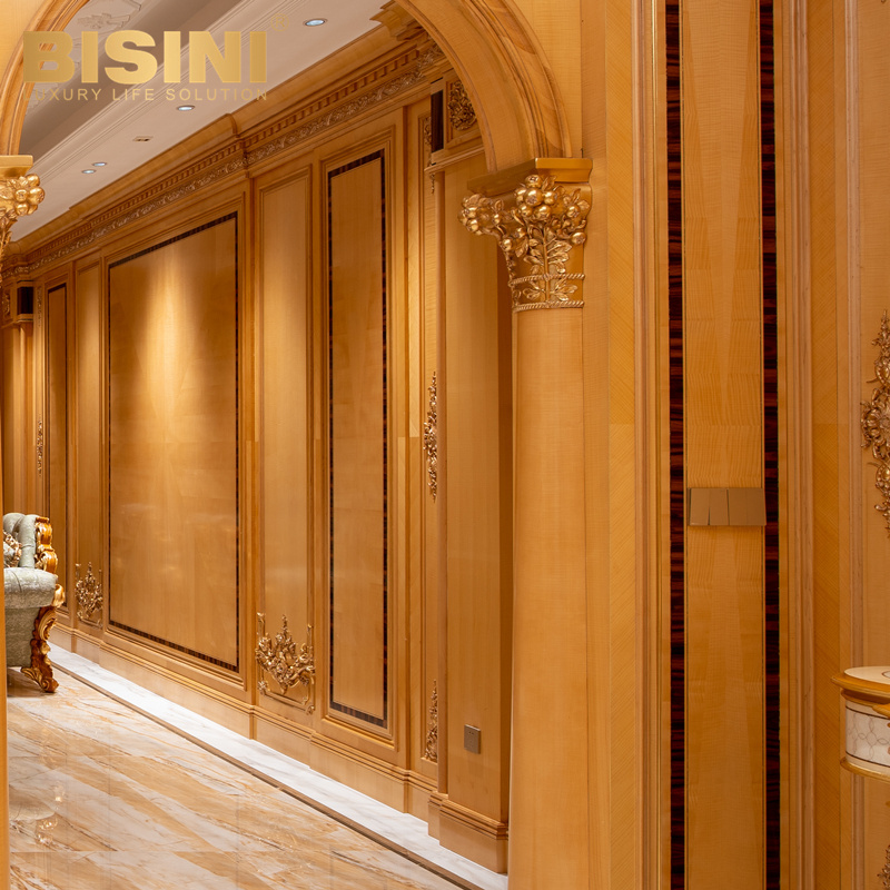 Renaissant Art French Style Villa House Golden Interior Wall Panels Oak Wood Carved Decorative Gold Leaf Wainscoting Panels