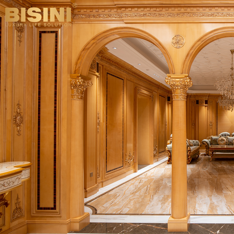 Renaissant Art French Style Villa House Golden Interior Wall Panels Oak Wood Carved Decorative Gold Leaf Wainscoting Panels