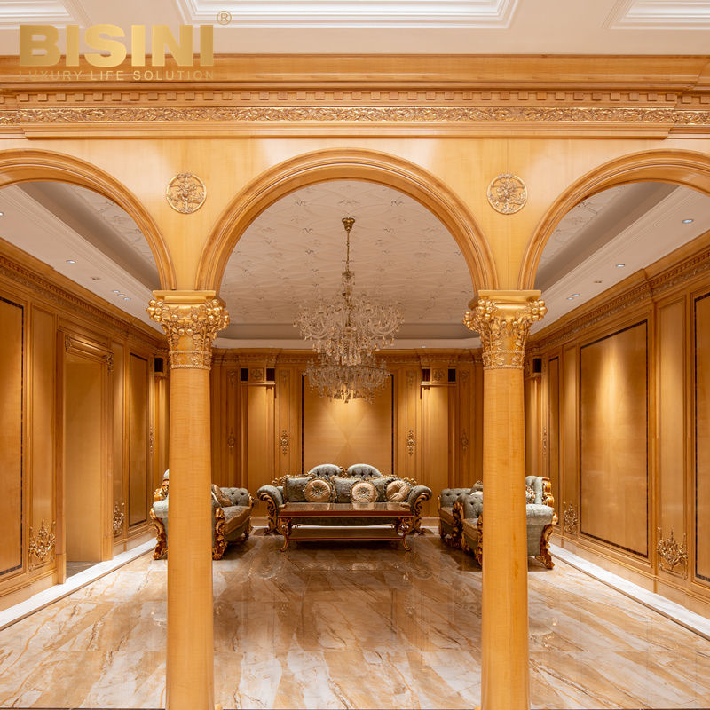 Renaissant Art French Style Villa House Golden Interior Wall Panels Oak Wood Carved Decorative Gold Leaf Wainscoting Panels