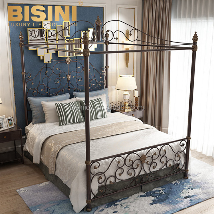 Light Deluxe English style Metal Master Bedroom Furniture Bronze Black color Cast Iron Double Bed with Canopy