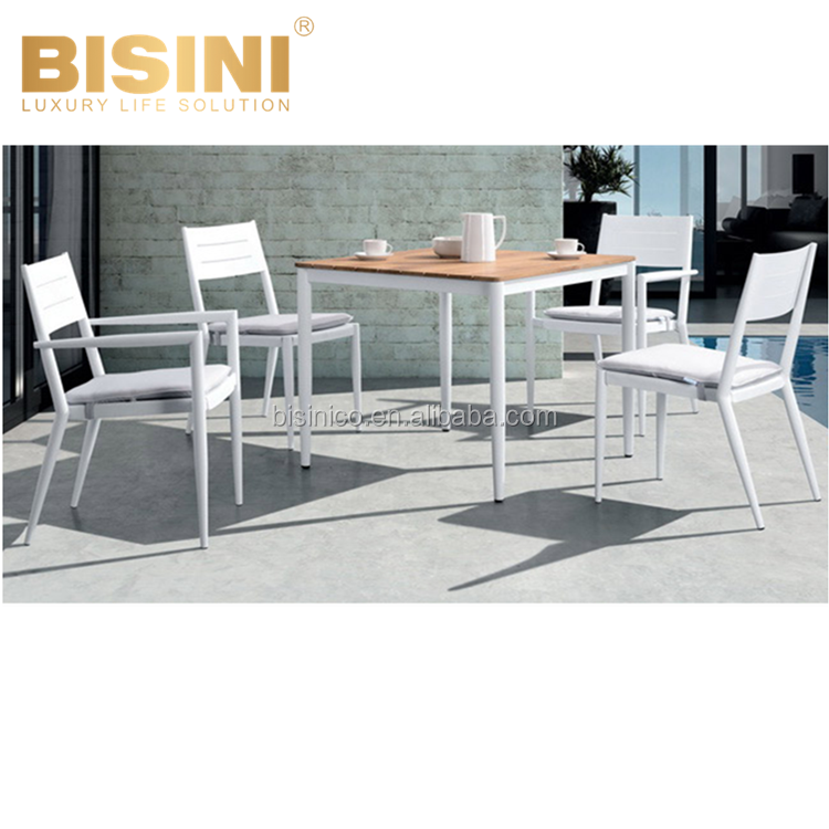 Simple Nordic Style Outdoor Cool Grey Aluminum Round Side Table Wood Top and 2 Chairs Garden Leisure Dining set