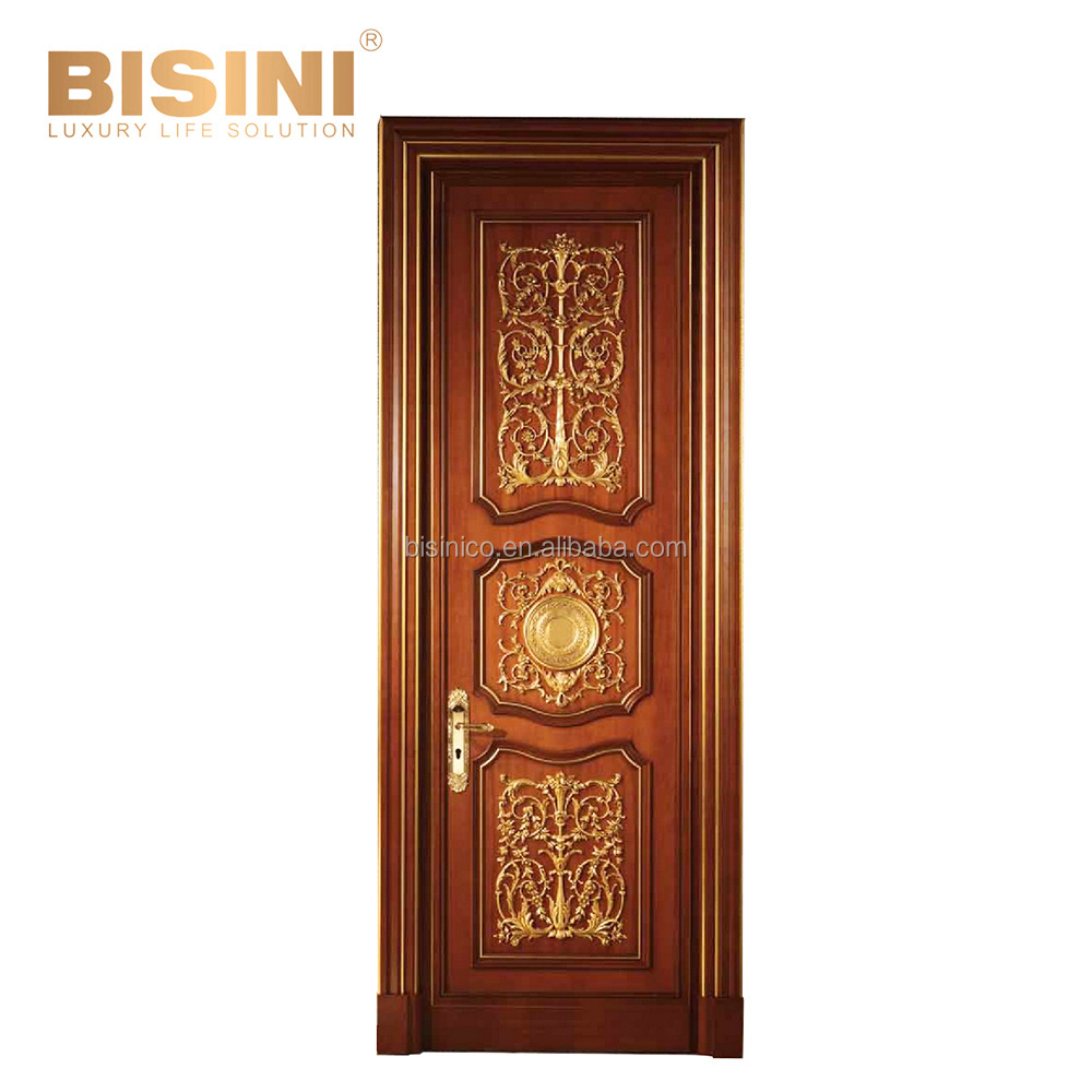 Luxurious Baroque Style Royal Golden Solid Wood Carving Interior Double Swing Door for Villa