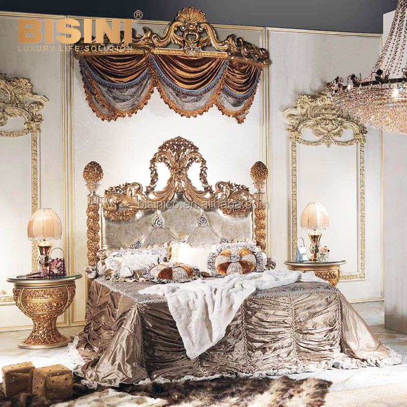 Royal Imperial French Versailles Style Gilt Wood Carving Poster Crown Bed with Canopy for Villa Master Bedroom