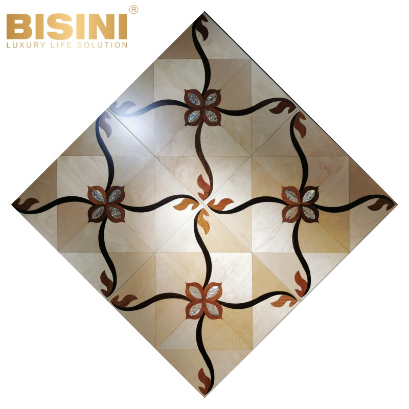 Elegant European Style Birch Rosewood Art Marquetry Pearl Shell Inlay Patterned Parquet Engineered Wood Flooring