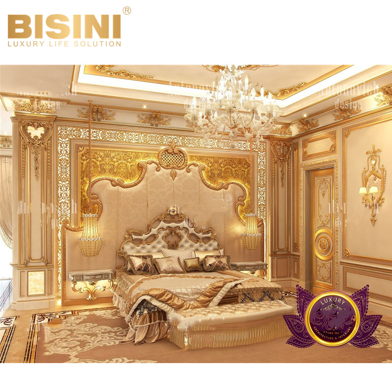 Personal Tailored Luxurious French Style Royal Palace Bedroom Wood Carved King Bed Gold Fabric Double Bed with Bedding set