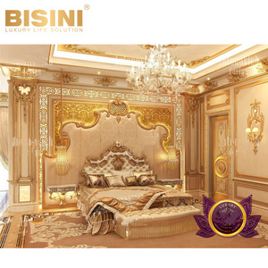 Personal Tailored Luxurious French Style Royal Palace Bedroom Wood Carved King Bed Gold Fabric Double Bed with Bedding set