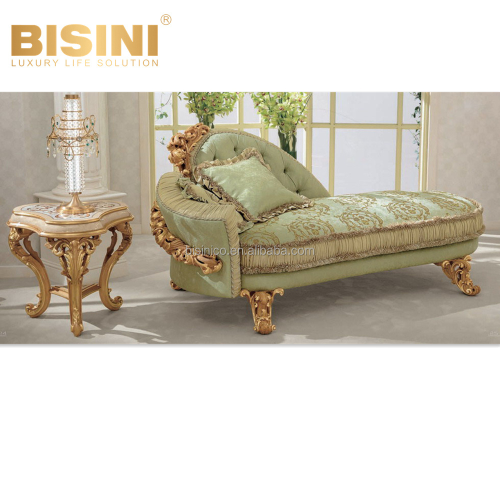 Refined Luxury Italy Rococo Style Carved Wood Chaise longue Elegant Green Fabric Leisure Royal Sofa Chair Reclining Chair