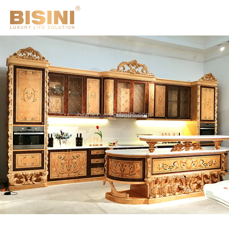 Imperial Classic Palace Image Full Gold Plated U Shaped Kitchen Cabinet with Island