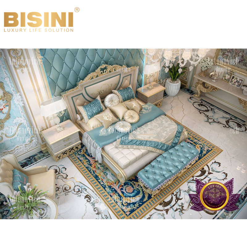 Luxury Custom French Style Palace Whole Bedroom Set Wood Carved Blue Curtains Double Bed and Bench Set