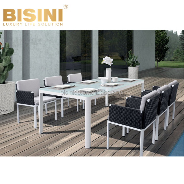 Nordic Style Black Rope Rattan Wicker and Metal Aluminum Arm Chair and Wood Rectangle Table Outdoor Garden Leisure furniture D