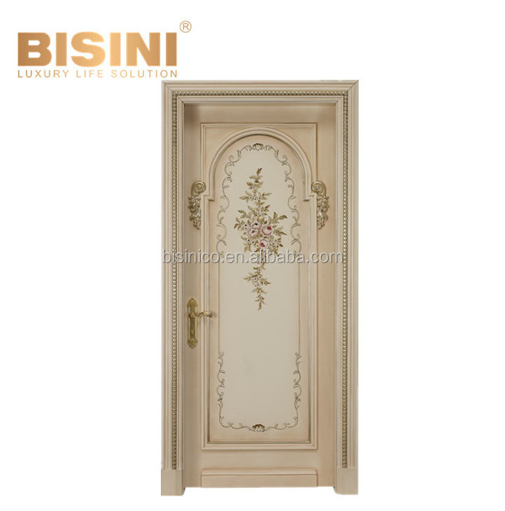 Exquisite Solid Wood Bedroom Entry Door, Hand Painted Palace Single Swing Door Wooden White Door With Gold Leaf