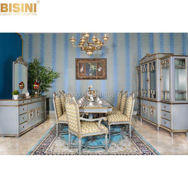 BISINI Luxury European Royal Dining Room Furniture, Sky Blue Wood Carved Armless Dining Chair