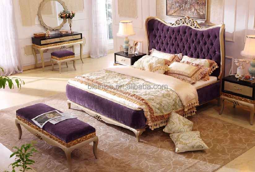 Luxury Latest Purple King Size Bedroom Set Furniture/Luxury Double Bed Design Antique Bedroom Furniture With Wooden Hand Carving