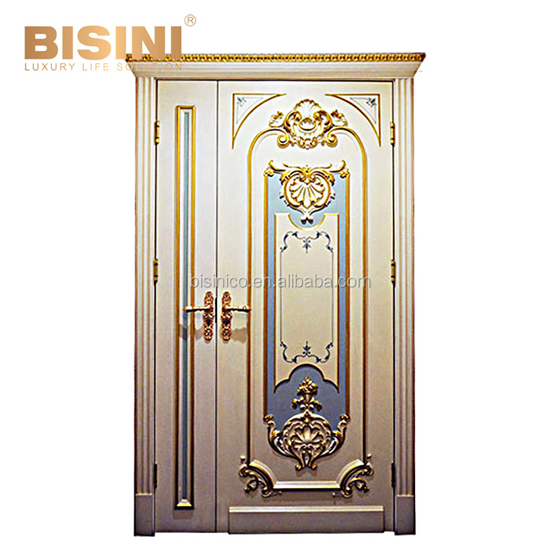 Luxurious Baroque Style Royal Golden Solid Wood Carving Interior Double Swing Door for Villa