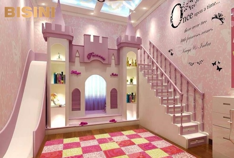 Luxurious Villa Fancy Pink Color Girl's Castle Design Wooden Bed With Stair And Slide