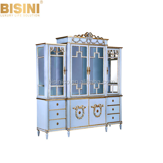 BISINI Luxury European Royal Dining Room Furniture, Sky Blue Wood Carved Armless Dining Chair