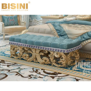 Luxury Custom French Style Palace Whole Bedroom Set Wood Carved Blue Curtains Double Bed and Bench Set