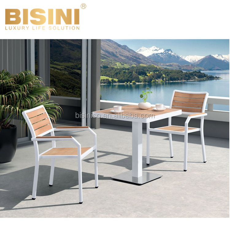 Simple Nordic Style Outdoor Cool Grey Aluminum Round Side Table Wood Top and 2 Chairs Garden Leisure Dining set