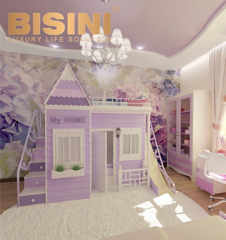 Purple Color Sweet Home Design All In One Girls Princess Bunk Bed Furniture