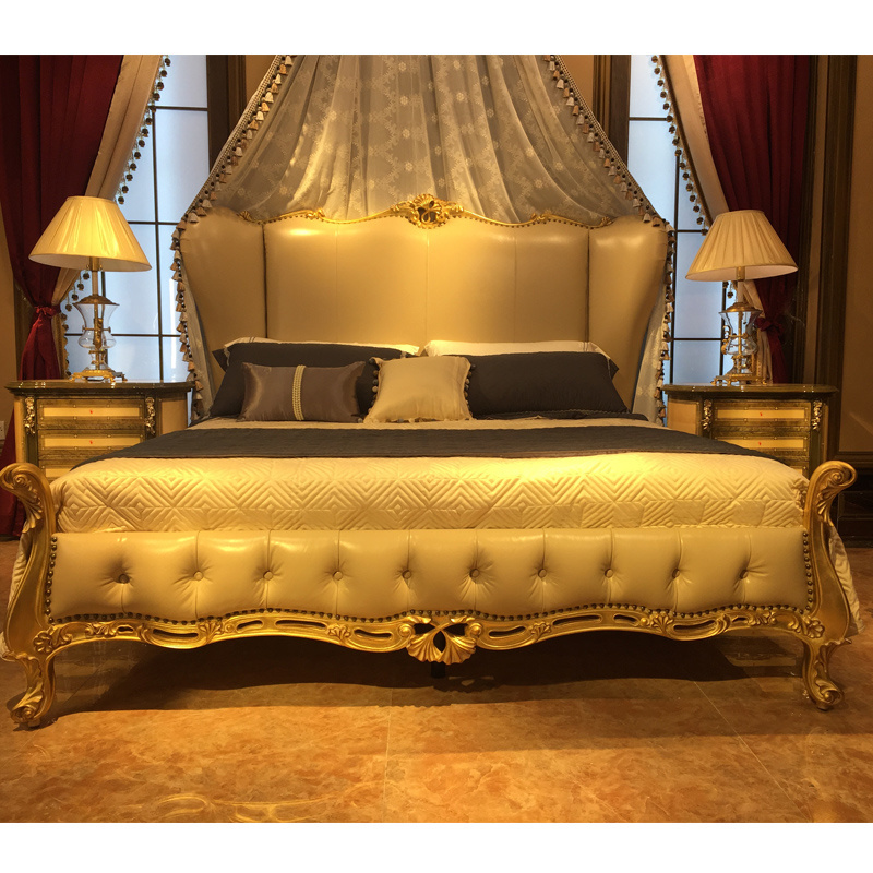 New Arrival Antique Victorian Style Solid Wood Hand Made Goldleaf Beige Color Fabric Bed For Bedroom Furniture BF08-YS014