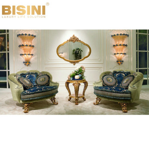 Gorgeous French Baroque Style Royal Palace Villa Wooden Heavy Quality Green Blue Fabric Sofa Sitting Room Single Sofa Set