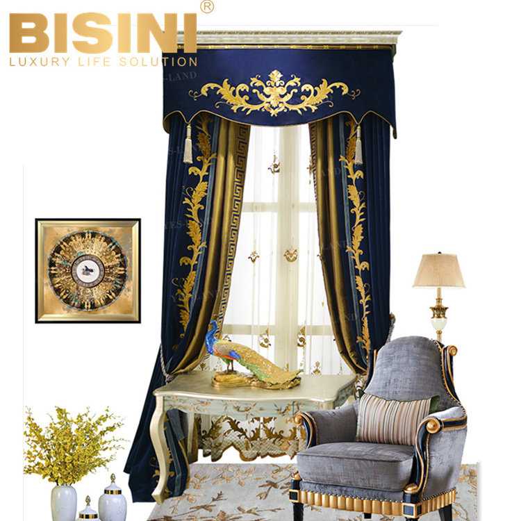 Aristocratic European Style Home Decorated Dark Blue Jacquard Patterned Curtains for Window  with White Sheer Curtain