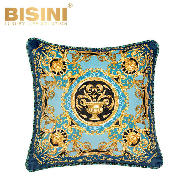 Rococo Style Golden Arabesque Helios design Gold Vase Bedroom Cushions Luxury Short Velvet Embroidered Border Pillows