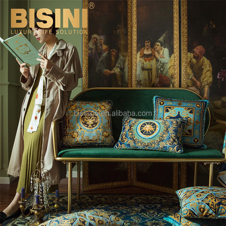 Rococo Style Golden Arabesque Helios design Gold Vase Bedroom Cushions Luxury Short Velvet Embroidered Border Pillows