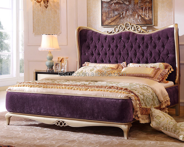 Luxury Latest Purple King Size Bedroom Set Furniture/Luxury Double Bed Design Antique Bedroom Furniture With Wooden Hand Carving