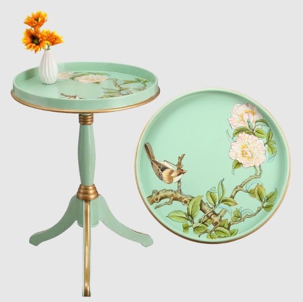 Retro Antique Solid Wood Glass Top Green Floral And Bird Hand Painted Small Coffee Table For Living Room BF05- FH004