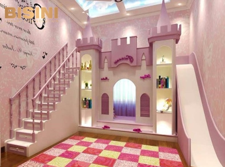 Luxurious Villa Fancy Pink Color Girl's Castle Design Wooden Bed With Stair And Slide