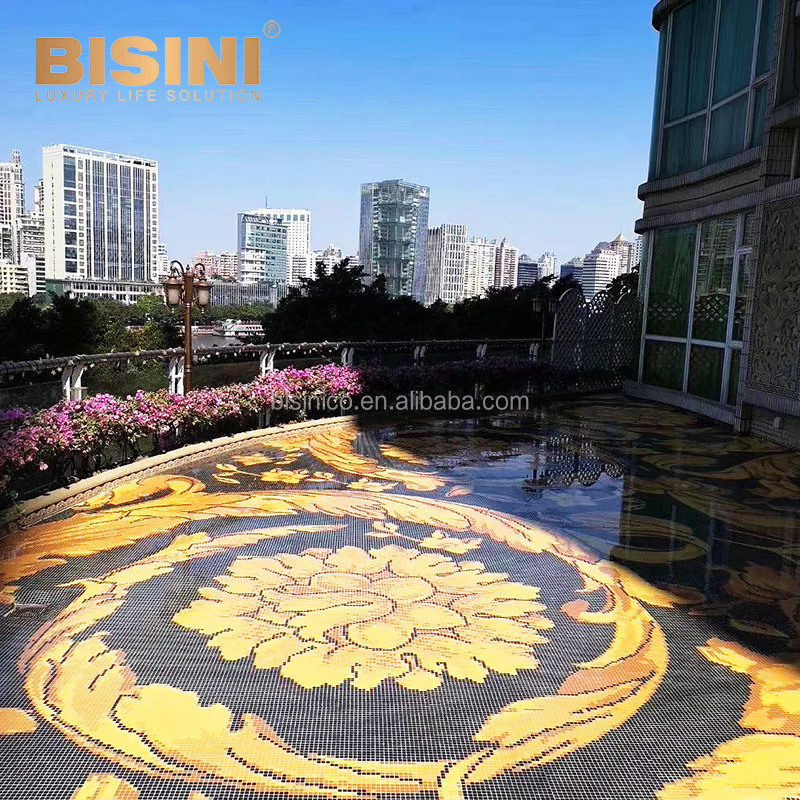 Luxury European Style Lavish Black and Gold Fancy Floral Pattern Inlaid Mosaic Tile for Hanging Garden Veranda