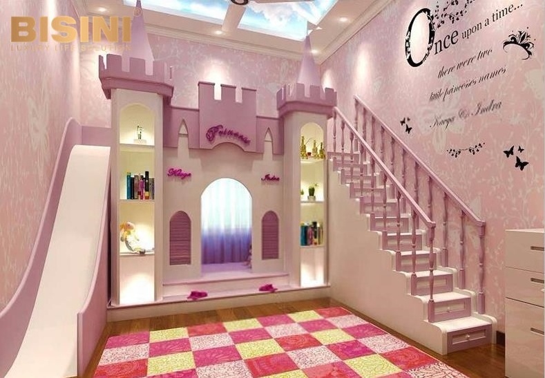 Luxurious Villa Fancy Pink Color Girl's Castle Design Wooden Bed With Stair And Slide